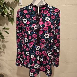 JONES NEW YORK Signature Women's Black Multicolor Floral Long Sleeve Blouse SZ M